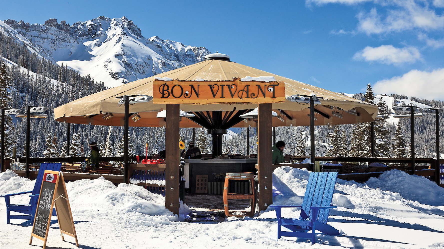 Bon Vivant with umbralla up during winter